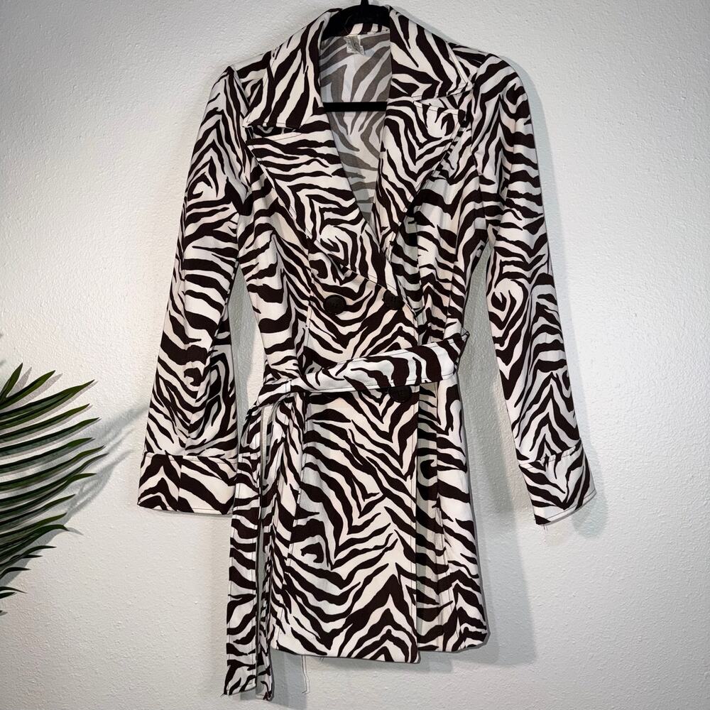 Heart Soul Zebra Print Double‎ Breasted Belted Trench Coat Jacket Large